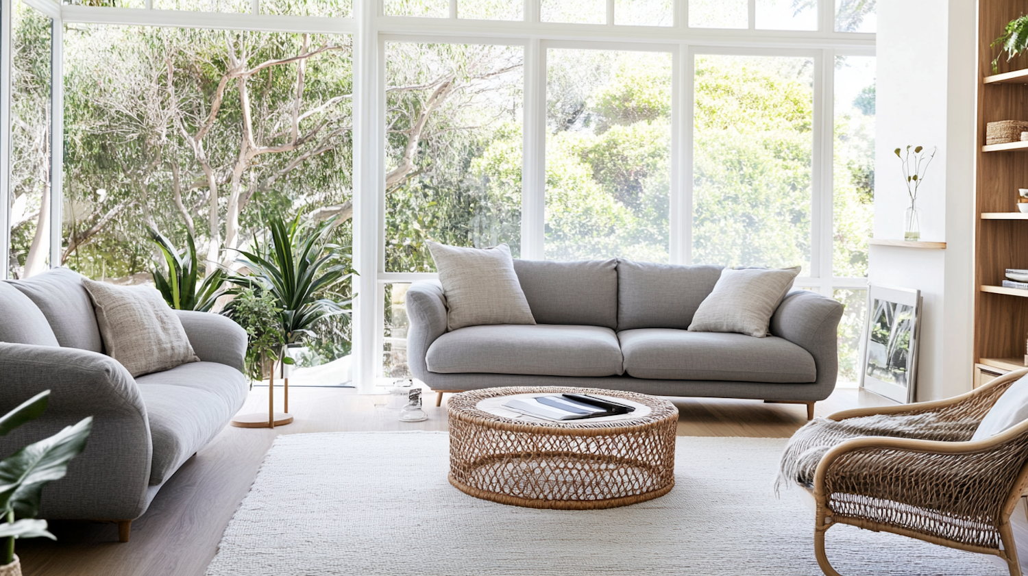 Bright, tidy living room with grey sofas and large garden windows