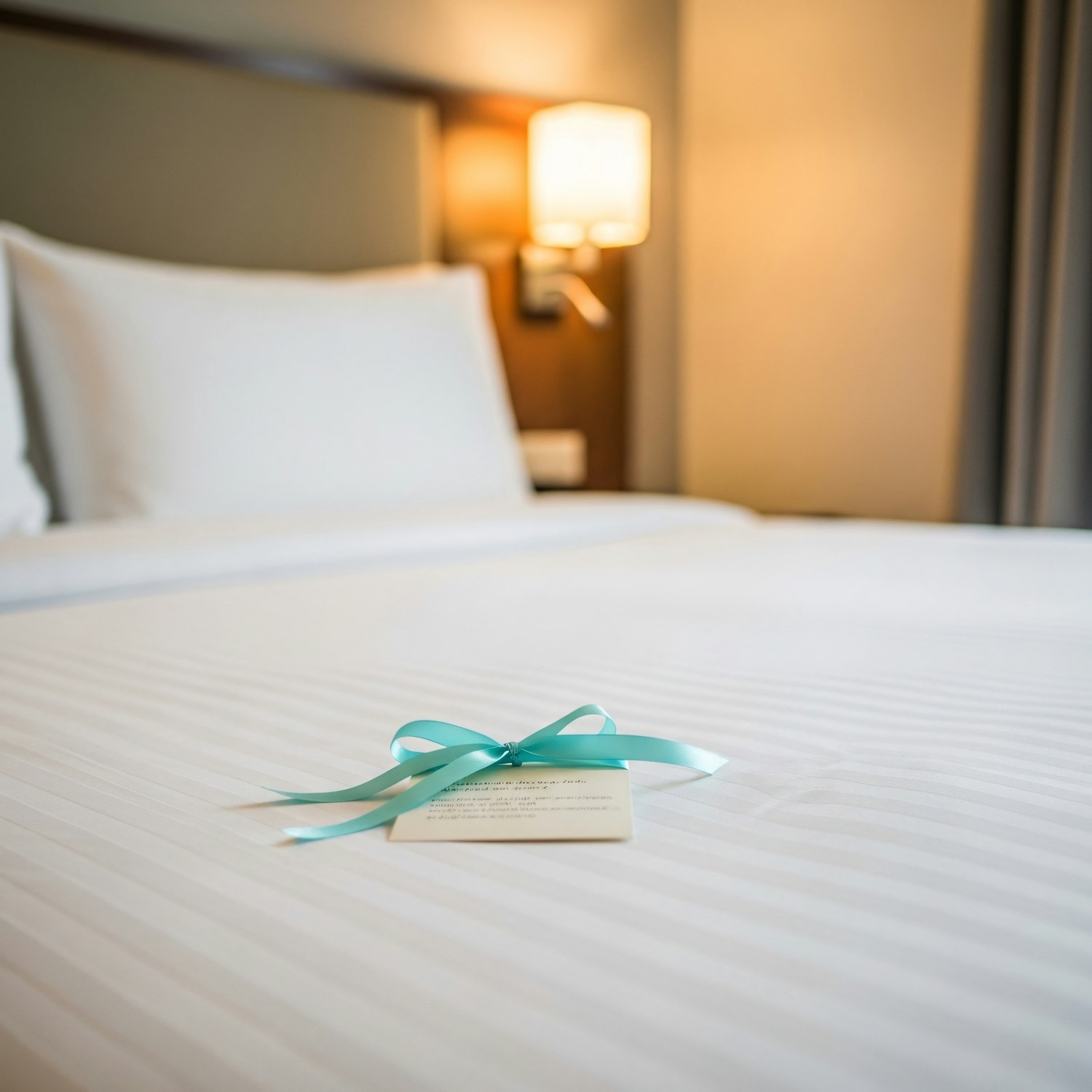 Hotel-style bed with crisp white linens and a welcome card for the next guest